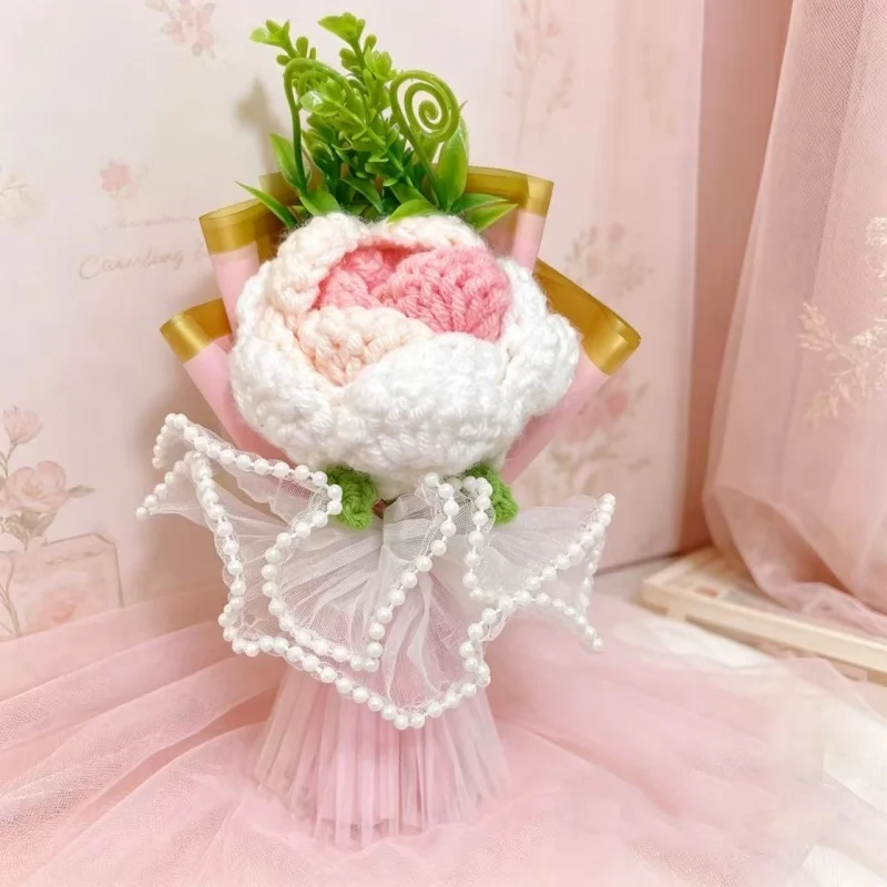 Mini Buquê De Crochê Feito À Mão De 15 Cm Com Flores Artificiais - Presente Romântico