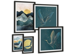 Conjunto De Pinturas Montanhas Estilosas Pássaros Sol Espelharte (5 Peças)