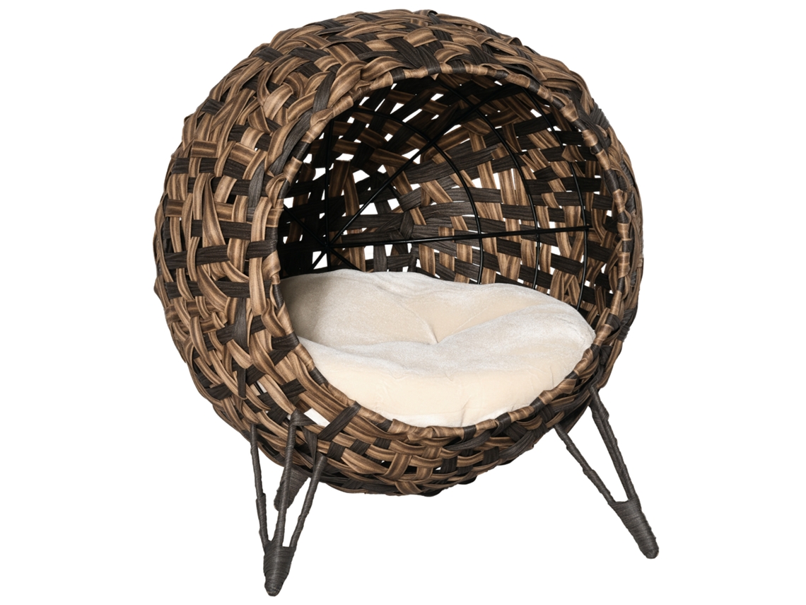 Casa de rattan com almofada lugar dormir gatos caverna com pés elevados Ø52x58cm marrom