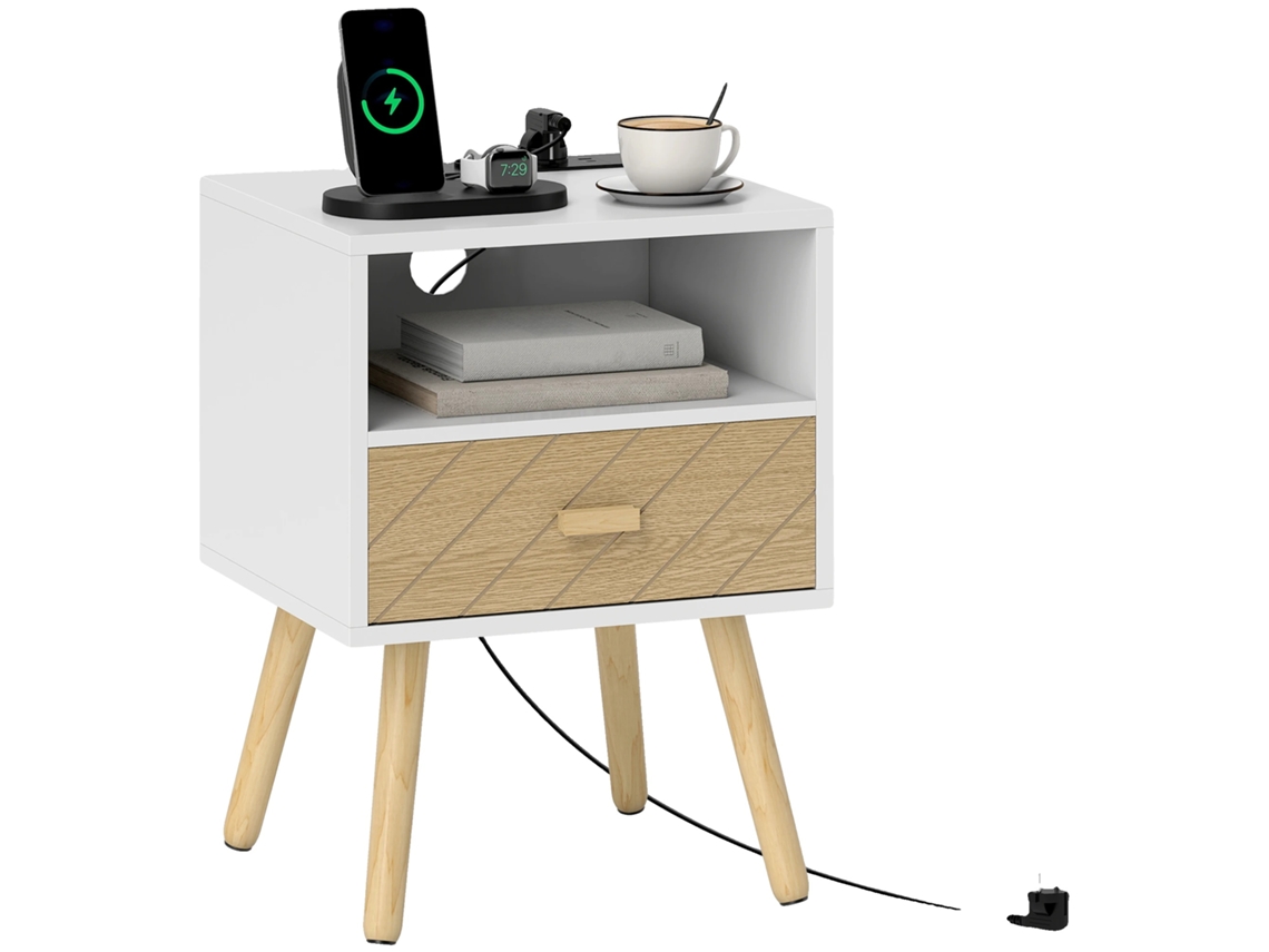 Mesa De Cabeceira, Porta Usb Tipo-c, 2 Tomadas Ac, Pernas De Madeira, Design Moderno, Compartimento Aberto