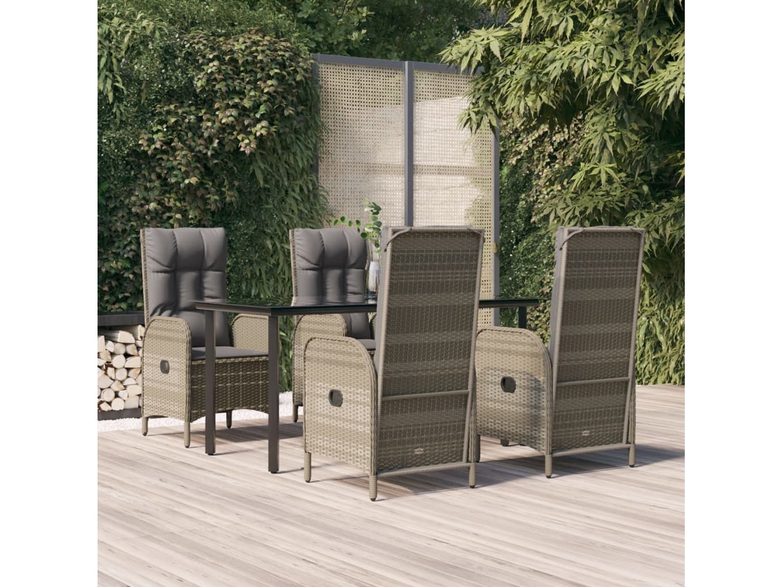 Vidaxl 5 Pcs Conjunto Jantar Jardim C/ Almofadões Vime Pe Preto/cinza