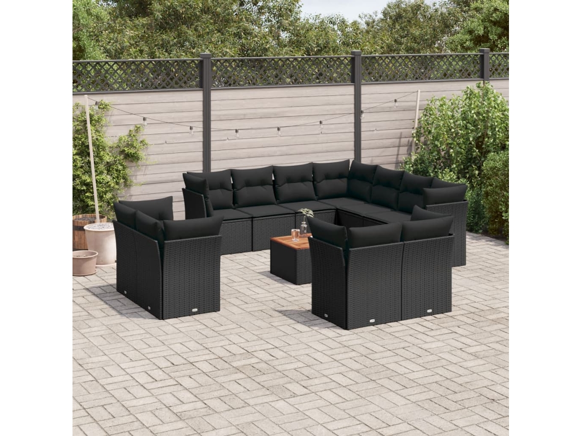 12 Pcs Conjunto De Sofá Jardim C/ Almofadões Vime Pe Preto Dkd Home Decor