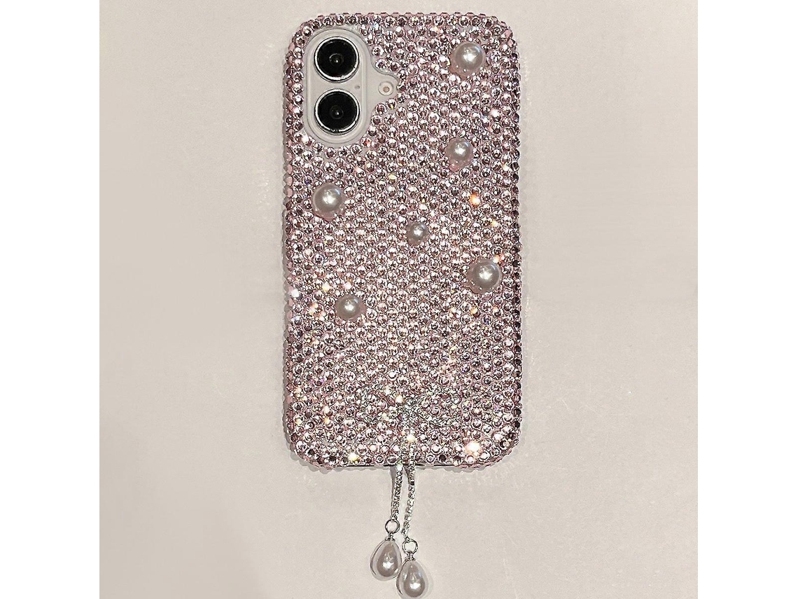 Capa Protetora Para Iphone 16 Com Decoração De Pérolas E Strass E Pingente Rosa