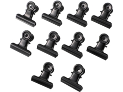 Conjunto de 10 alfinetes de metal em aço inoxidável para fixar recados e mensagens, com design Mola e superfície plana.