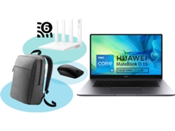 Portátil HUAWEI MateBook D15 BohrD-WFH9C (15'' - Intel Core i5-1135G7 - RAM: 16 GB - 512 GB SSD PCIe - Intel iris Xe) + Rato BT Switch + Mochila Cinzenta CD60 + Router