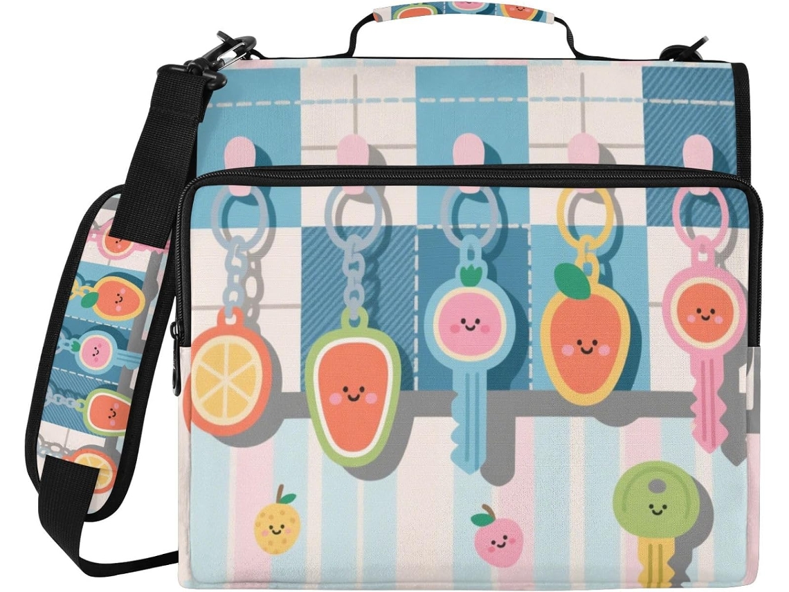 Pasta De Argolas Cor Clara Com Estampa Frutas Em Estilo Cartoon, 3, 8cm De Diâmetro, Com Alça, Inclui Bolso Com Zíper