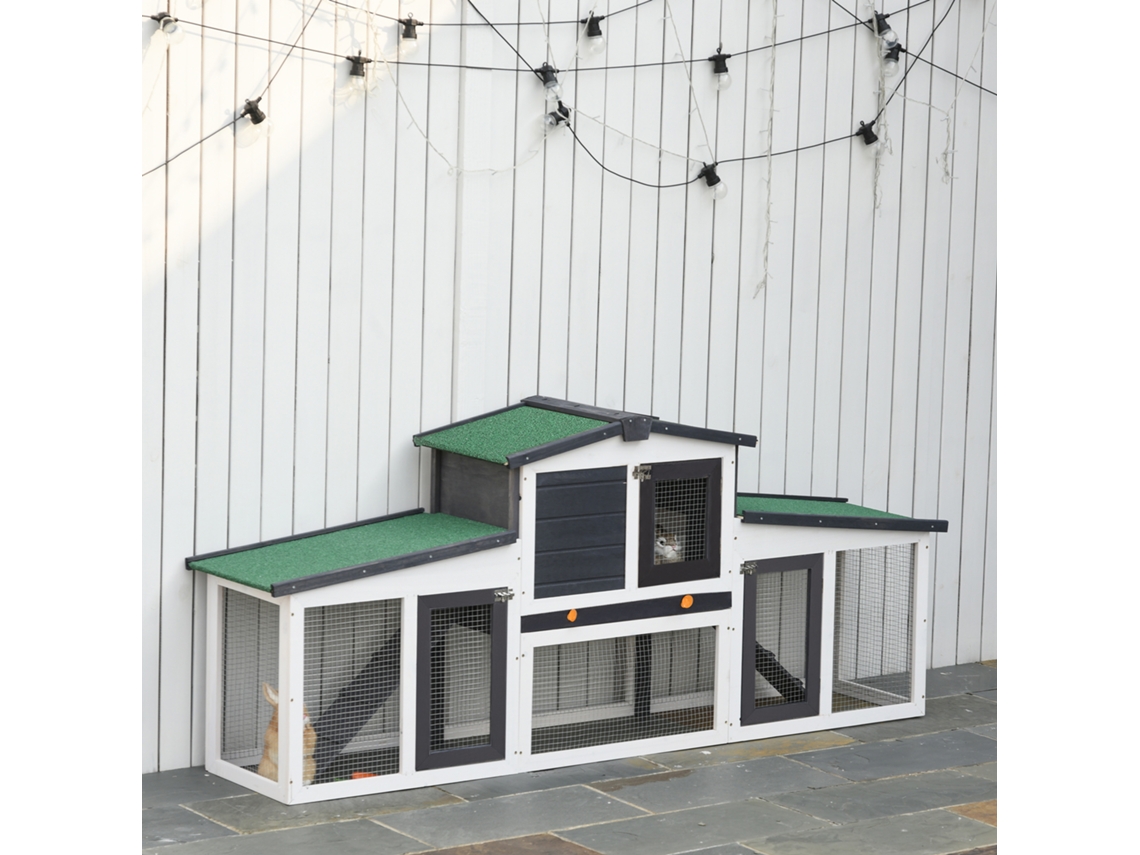 Coelheira Madeira Gaiola Para Coelhos Com Teto Rebatível Escada E Bandeja Amovível Exterior 197x49x86 Cm Cinza