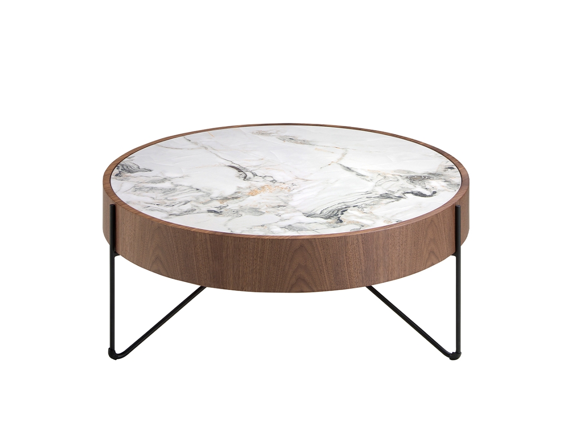 Mesa de Centro Redonda em Mármore Porcelânico Nogueira e Aço Preto ANGEL CERDA