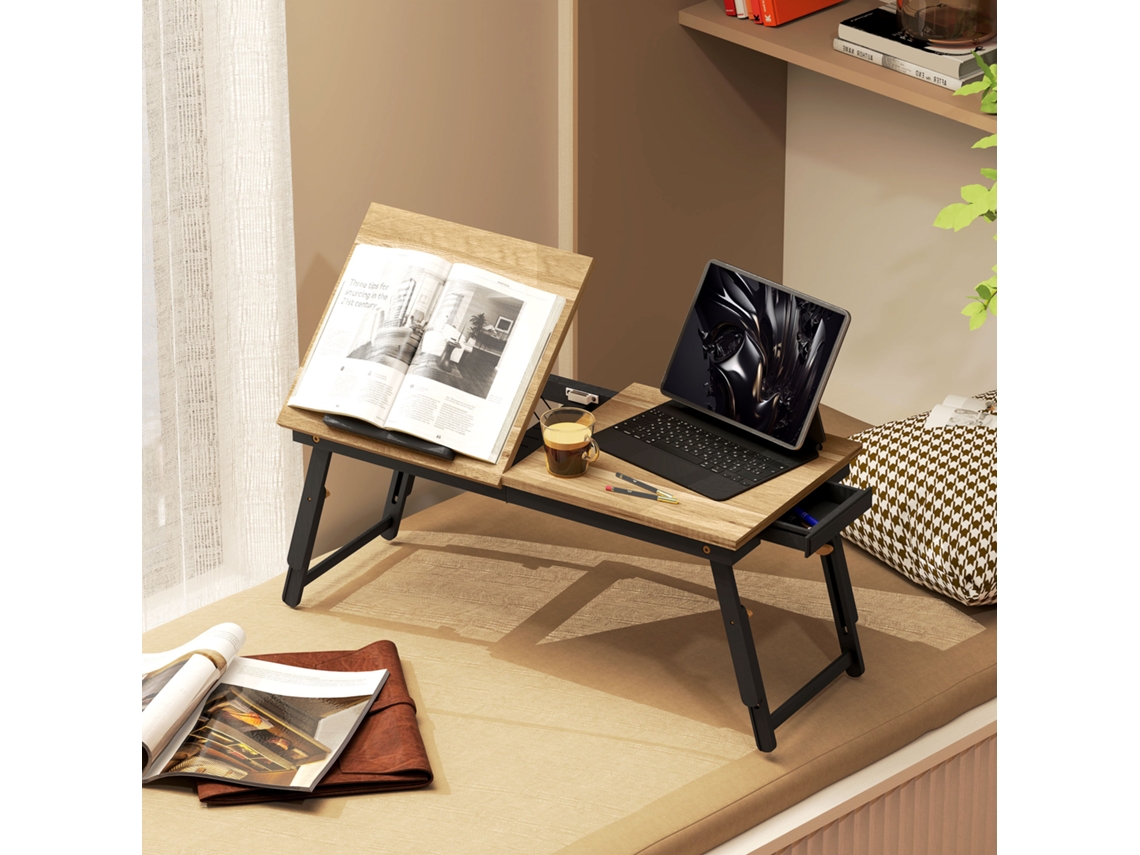 Bed Table, Laptop Table, Height Adjustable With Drawer, Foldable For Sofa, Work Bed, Oak