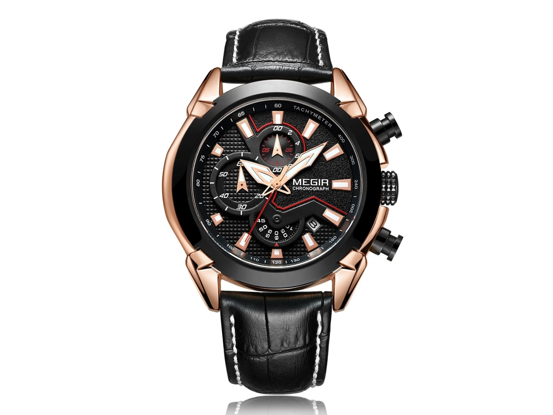 Relógio de pulso masculino de quartzo, modelo simples e moderno, multifuncional, com mostrador preto e rosa.