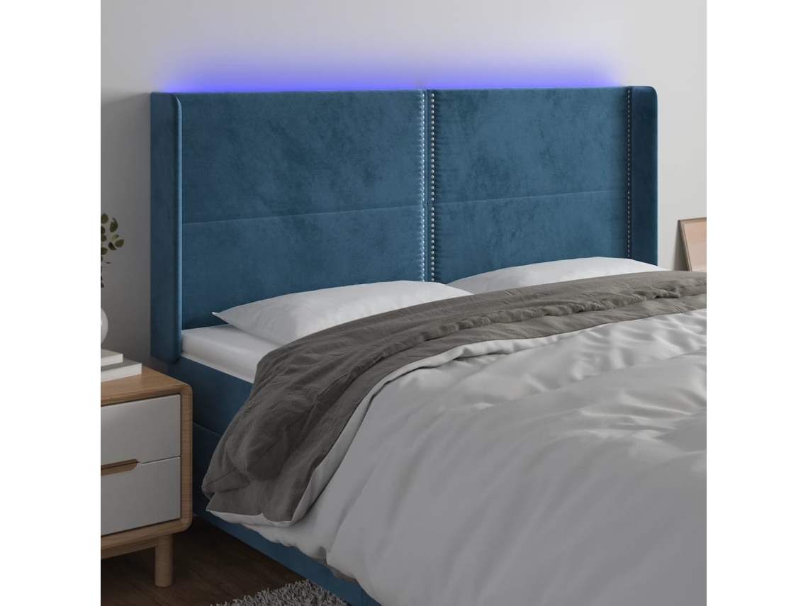 Cabecero de terciopelo con luces LED 183x16x118/128cm Azul Oscuro