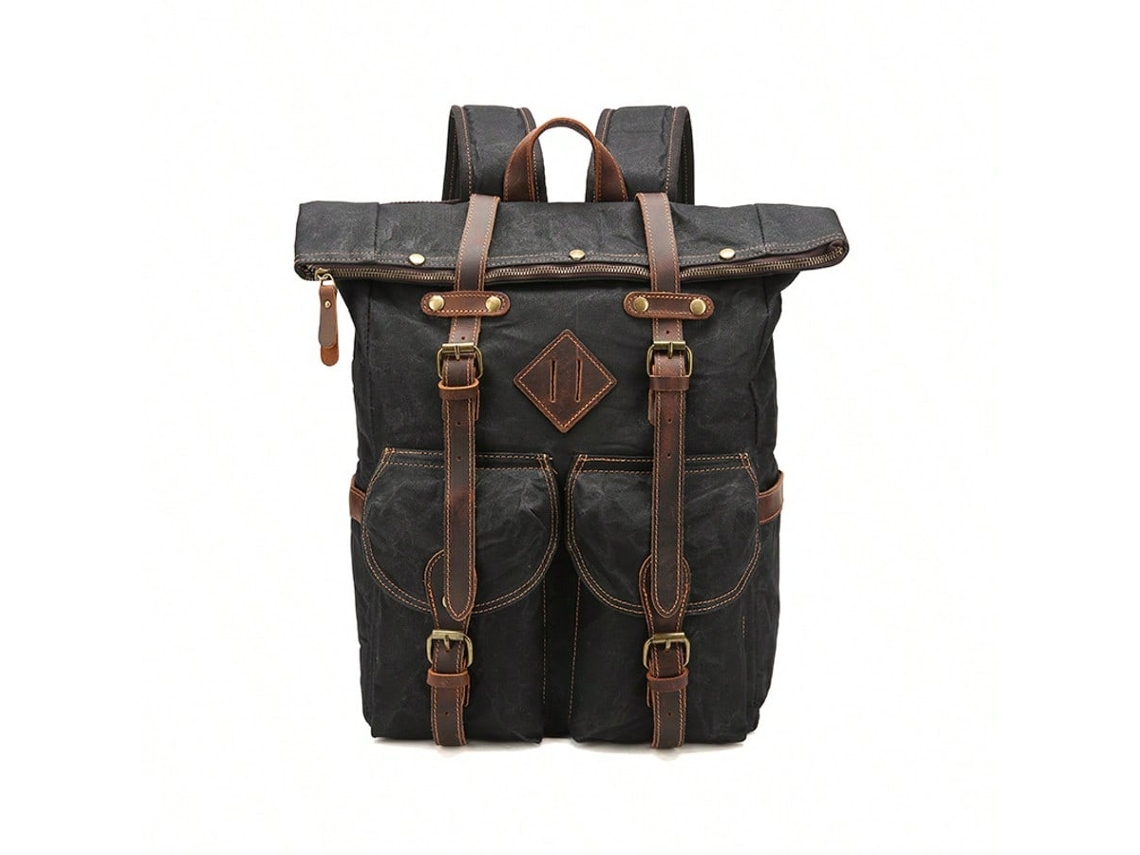 Mochila Impermeável Para Caminhadas, Com Capacidade Para Um Laptop De 15", Feita De Couro Encerado E Lona, Preta