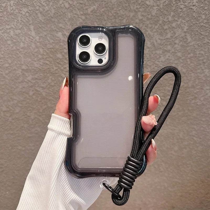 (preto, Iphone 15 Plus) Capa Protetora Transparente À Prova De Quedas Com Airbag Nos Quatro Cantos E Alça De Pulso Resistente A Impactos.