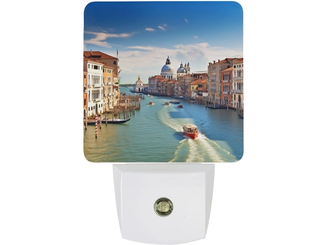 Luminária de parede noturna com plugue, inspirada nos canais italianos, com sensor crepuscular e luz LED branca.