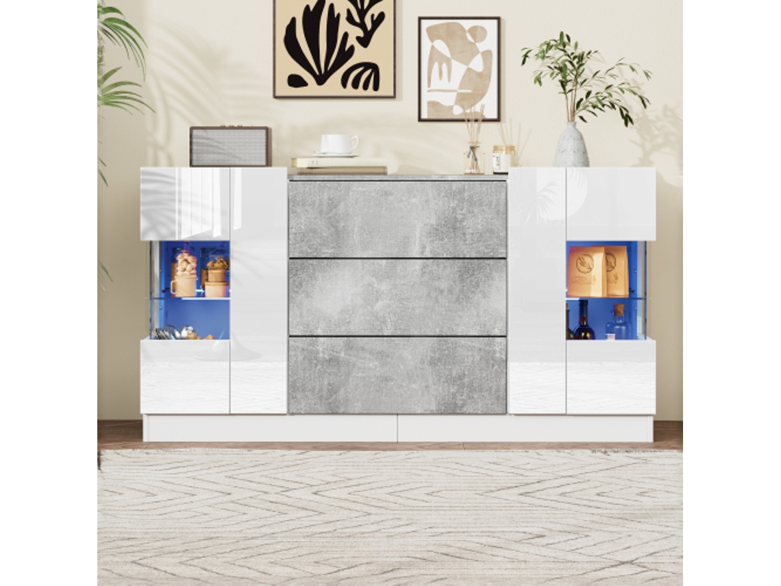 Sideboard Elegante com 2 Portas e 3 Gavetas em Branco Alto Brilho LYYTUNG (140x35x75cm)