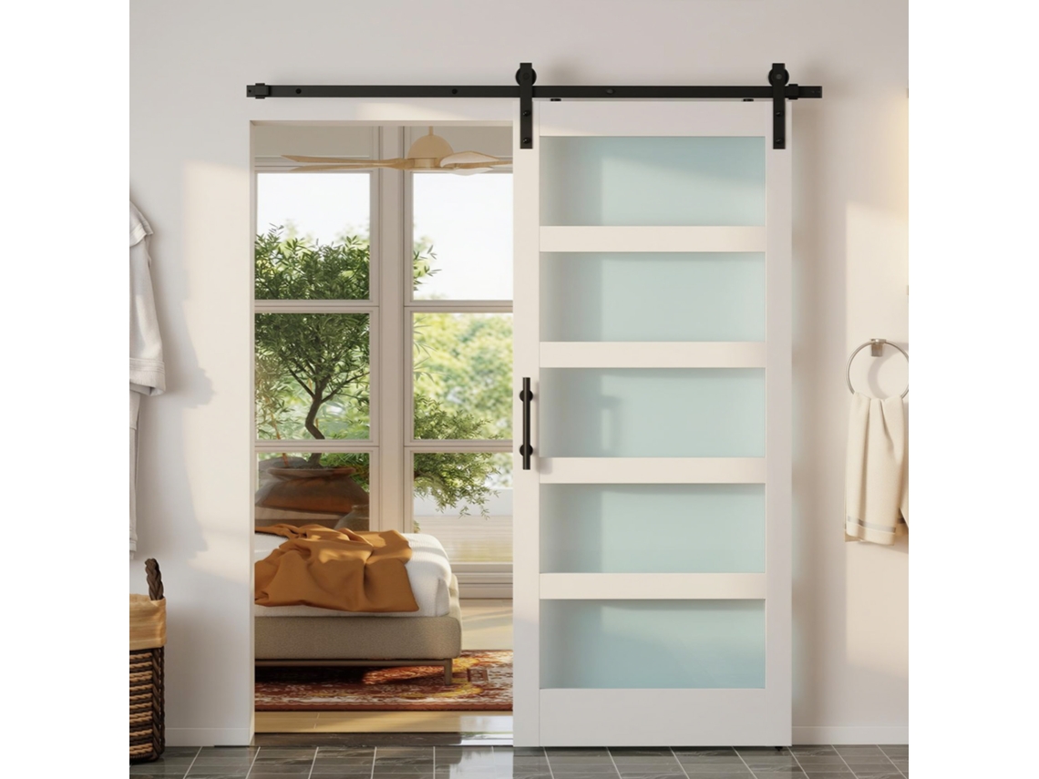 Porta de Correr CHEZMOI com Kit, painéis de vidro, efeito madeira branca, 91,4x213,4 Cm