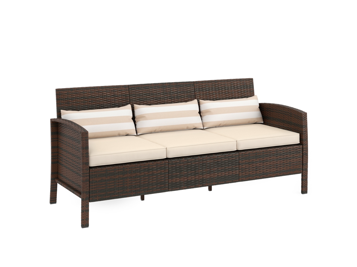SOFÁ externo de 3 lugares em rattan com almofadas acolchoadas e capas removíveis marrom 173x68x78cm