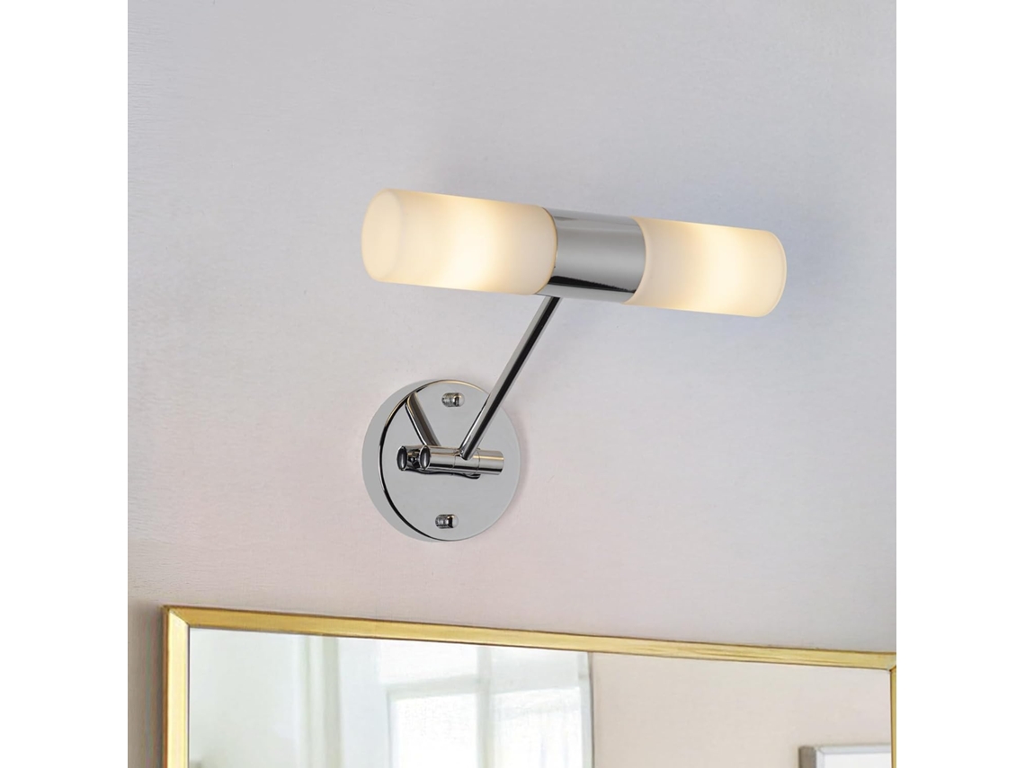 Aplique De Casa De Banho De Design Moderno Orientável 30 Cm, Estrutura Metálica Cromada Com Difusores Em Vidro Opalino, 2×e14, Ip44