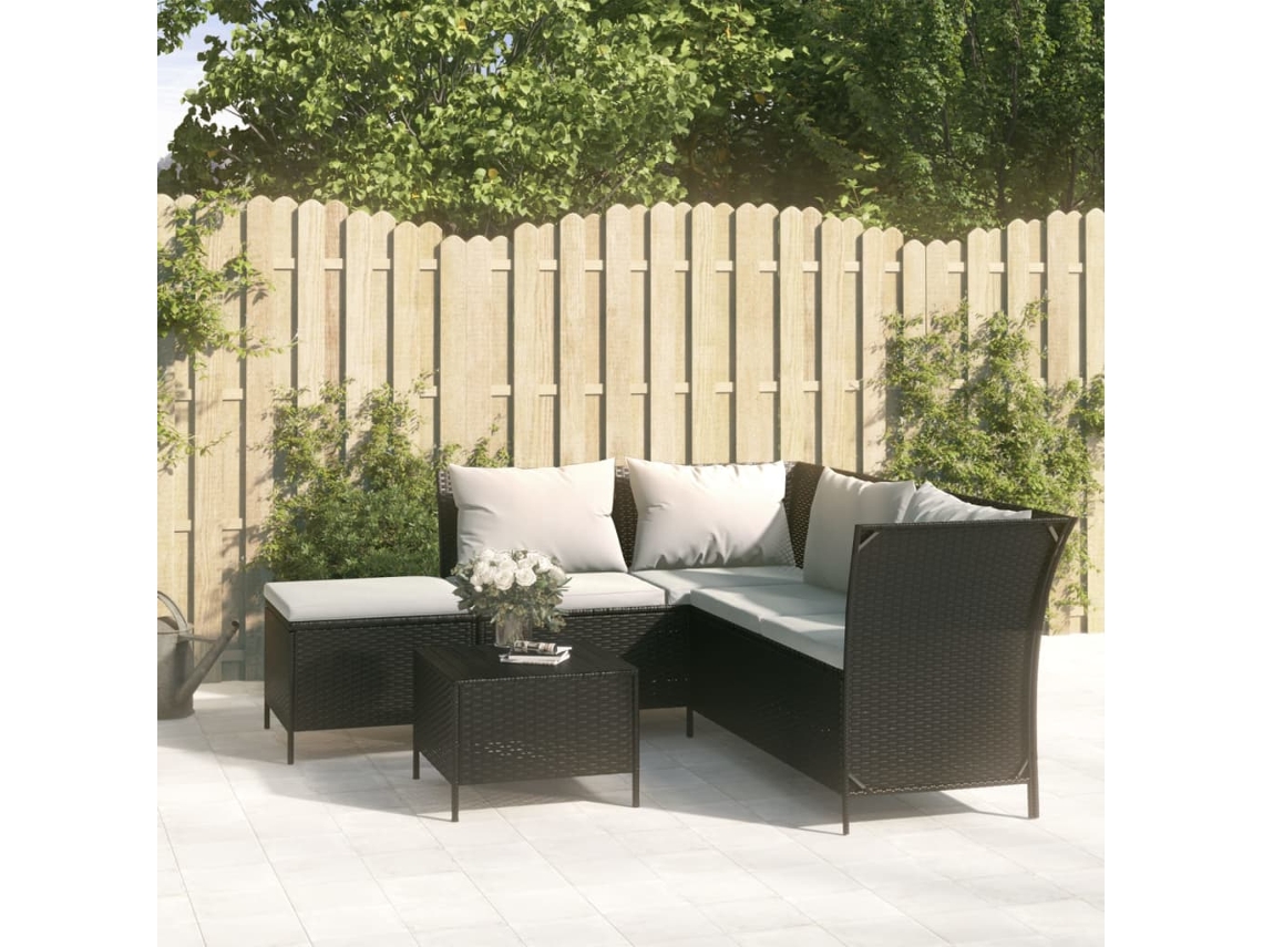 4 Pcs Conjunto Lounge De Jardim C/ Almofadões Vime Pe Preto Dkd Home Decor