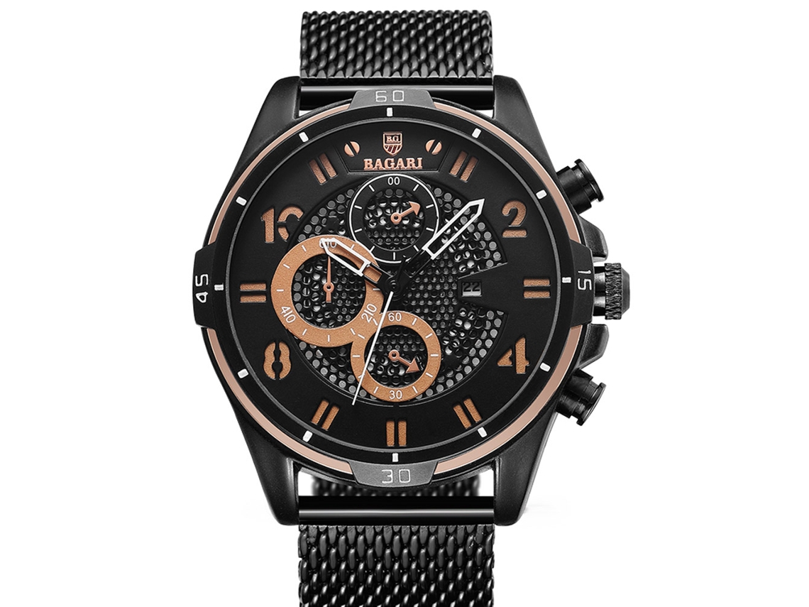 Relógio masculino Bagari, movimento de quartzo luminoso, resistente à água até 3 ATM, pulseira de aço inoxidável.