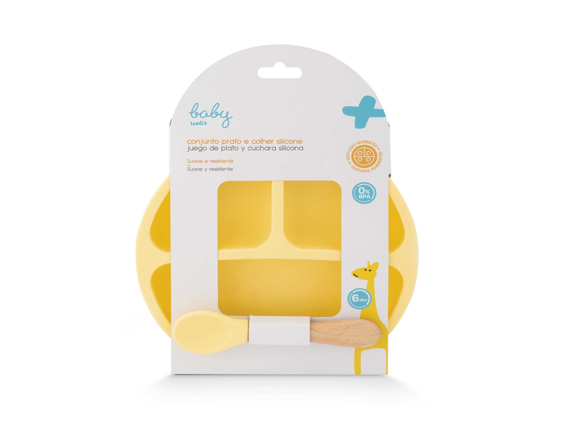 Prato e Colher Silicone Amarelo BABY WELLS