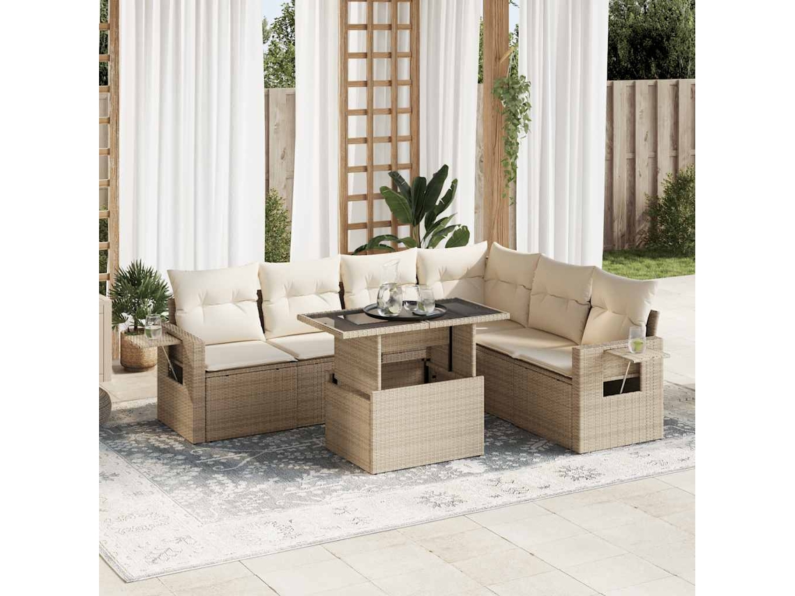 Vidaxl 7 Pcs Conjunto De Sofás P/ Jardim Com Almofadões Vime Pe Bege