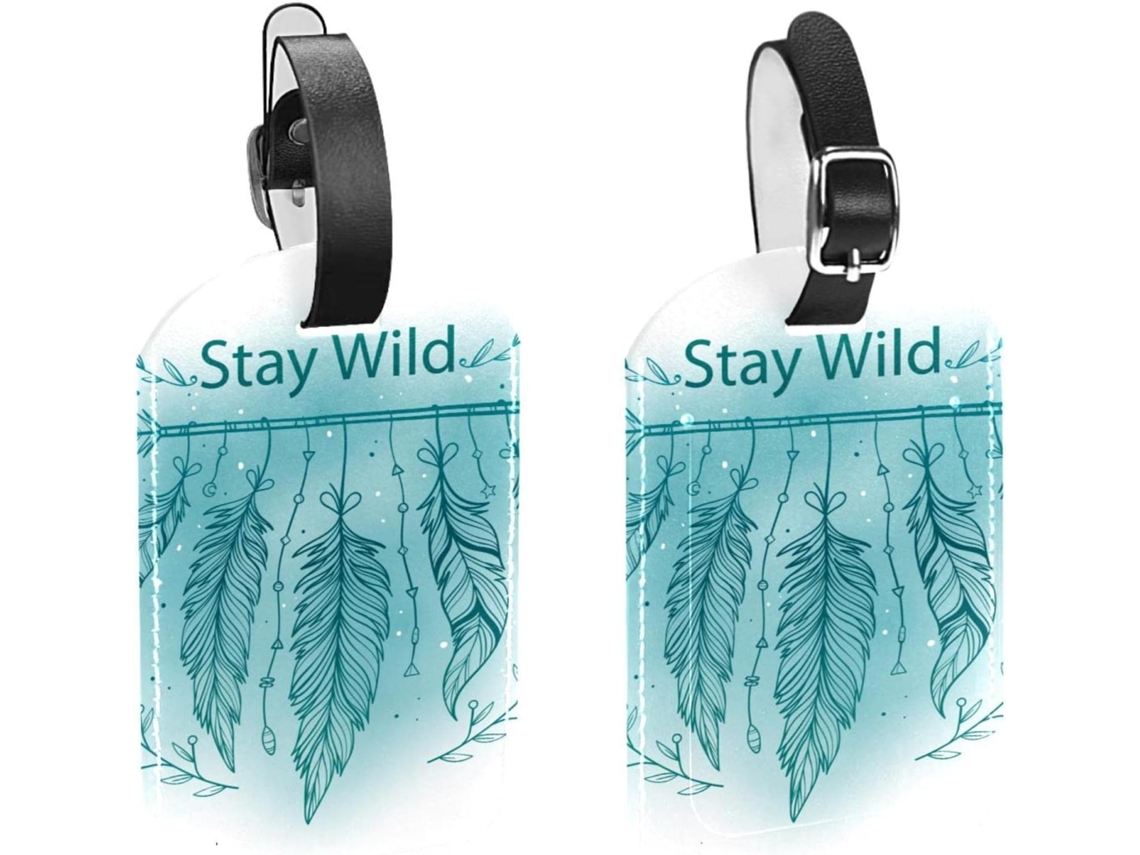 Conjunto De 2 Etiquetas Identificação Bagagem Boho Stay Wild Com Penas Azuis Evitar A Perda Malas E Bagagens
