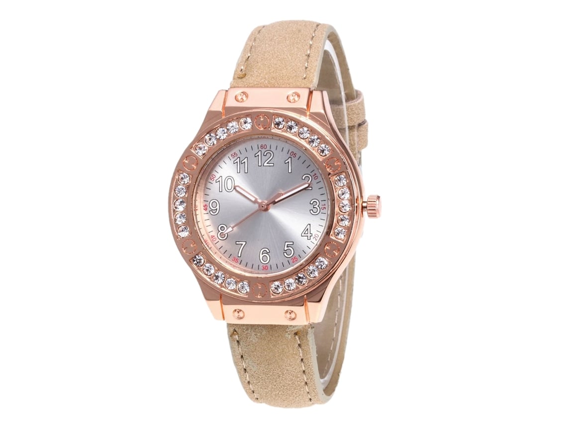 Relógio feminino de quartzo com pulseira de couro PU, mostrador com pedras, Zhoulianfa (bege)