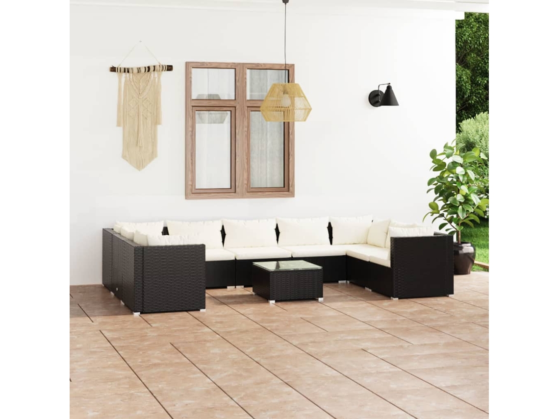 Conjunto 10 Peças Lounge De Jardim C/ Almofadões Vime Pe Preto Dkd Home Decor