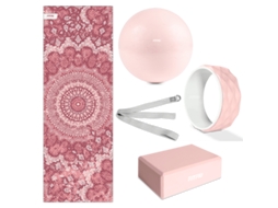 Kit 5 acessórios yoga e pilates FITFIU FITNESS KITWELL-500 ROSA, tapete, bloco, roda, fitball, correia