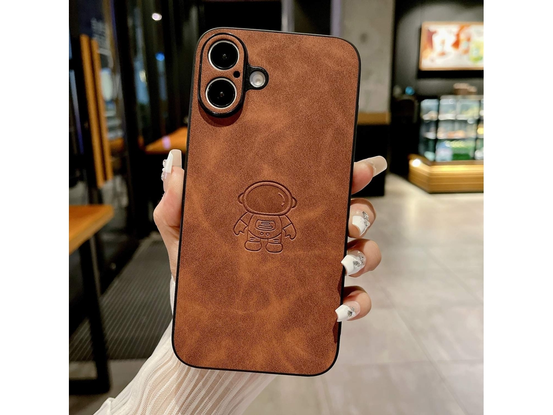 Capa Para Iphone 17 Air Marrom Magnética Em Pele De Cordeiro Com Astronauta E Desenho Simples