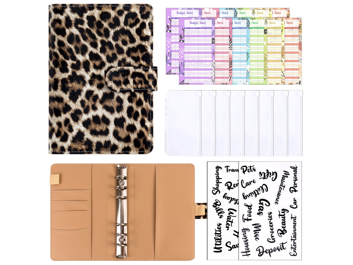 A6 Leopard Print Pu Leather Binder Journal Light Brown Cover Only With 12-cash Budget Cards, 8-bill Pockets, 2-english