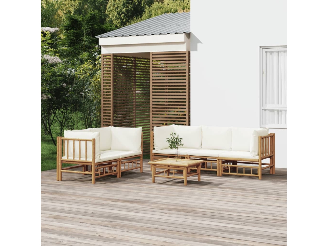 Vidaxl 6 Pcs Conjunto Lounge De Jardim Bambu C/ Almofadões Branco Nata