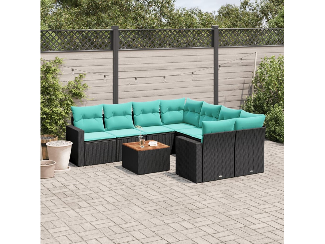 Vidaxl 9 Pcs Conjunto De Sofás P/ Jardim C/ Almofadões Vime Pe Preto