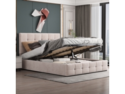 Cama Casal 140x200 Armário Hidráulico Cabeceira Ajustável Veludo Creme