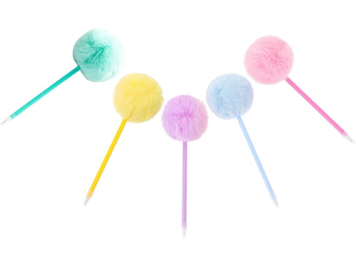 Conjunto De 5 Canetas Com Ponta De Pompom Fofinha, Em Cores Vibrantes