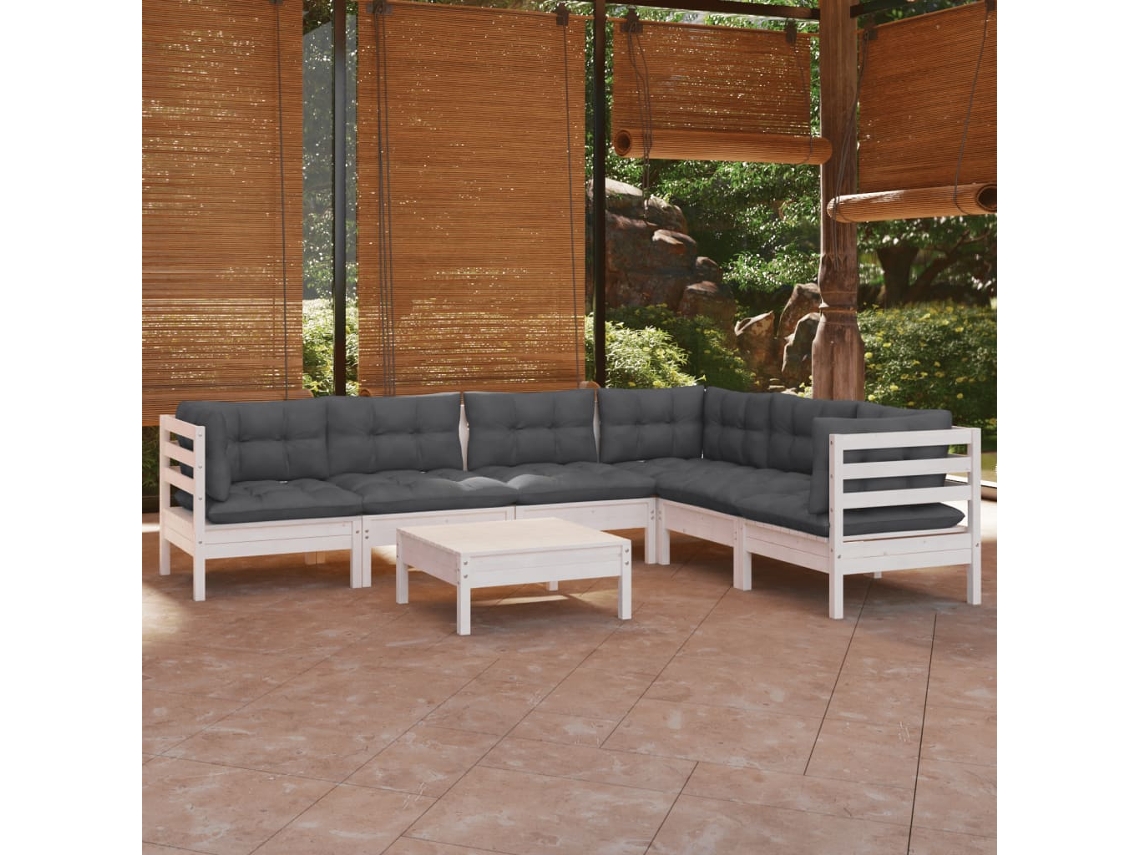 Vidaxl 7 Pcs Conj. Lounge De Jardim C/ Almofadões Pinho Maciço Branco
