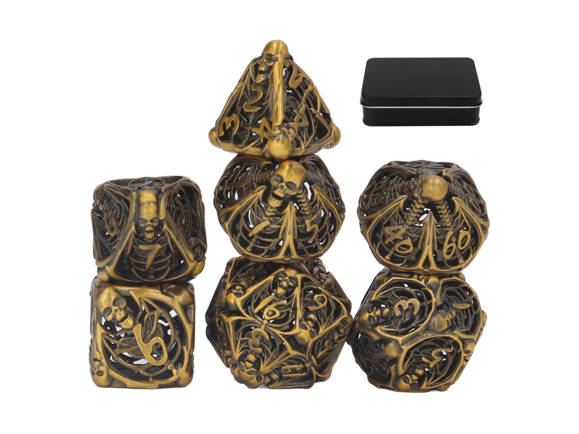 Primerox dados Poliedros de Metal Caveira Oco com Caixa 7pcs para Jogos de Rpg e Tabuleiro
