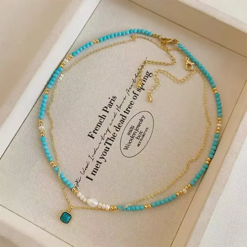 Colar De Imitação De Turquesa E Pérola Em Duas Camadas, Corrente Para Clavícula Elegante E Sensual.