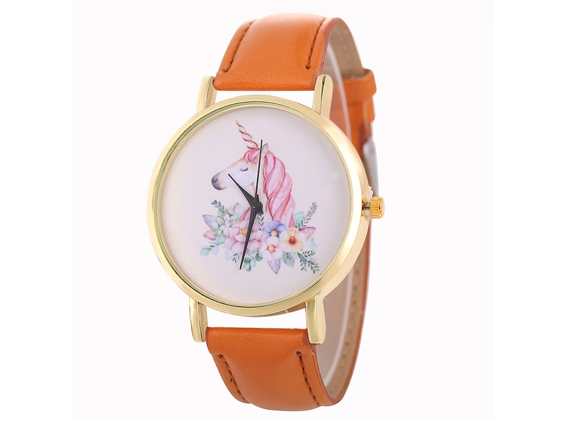 Relógio feminino casual de quartzo com pulseira de couro PU marrom claro.
