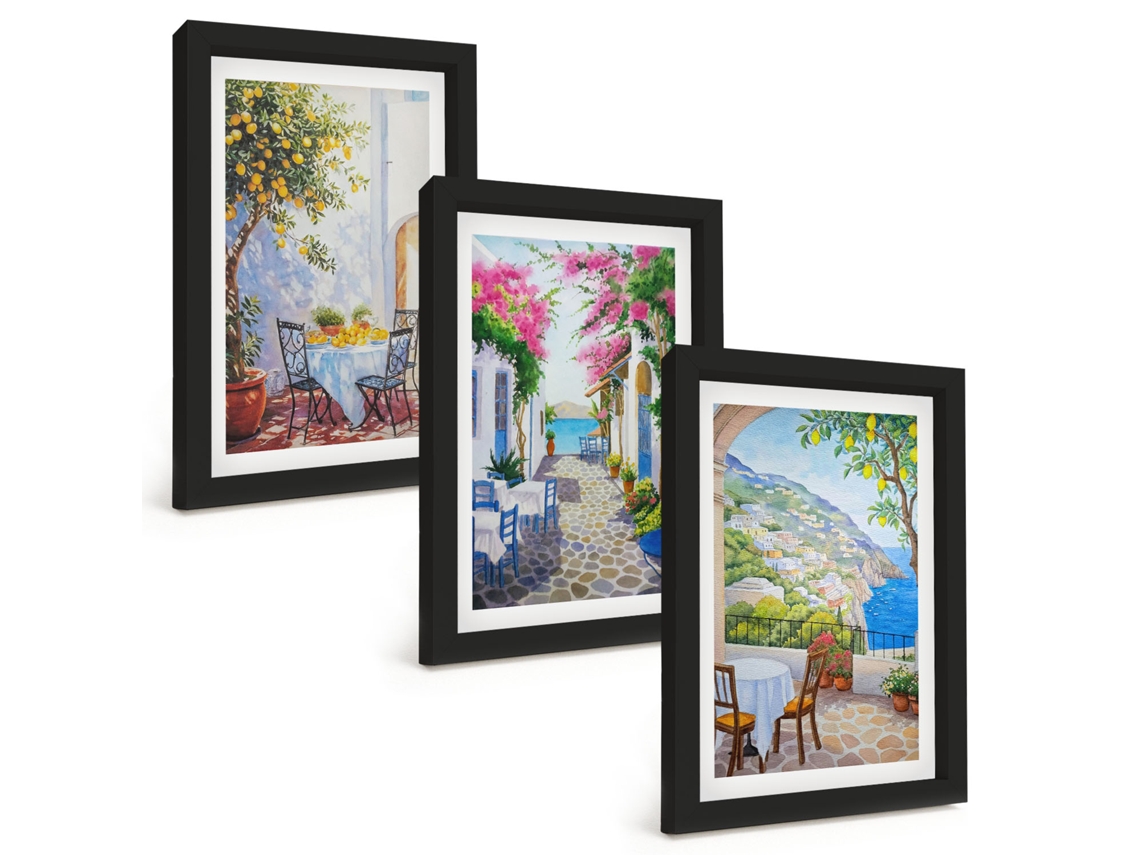 Um Conjunto De Imagens Decorativas Em Uma Molduraruas Charmosas Com Plantas E Mar Moldura Preta Pinturas De Quarto Espelharte (3 Peças 20x30 Cm)