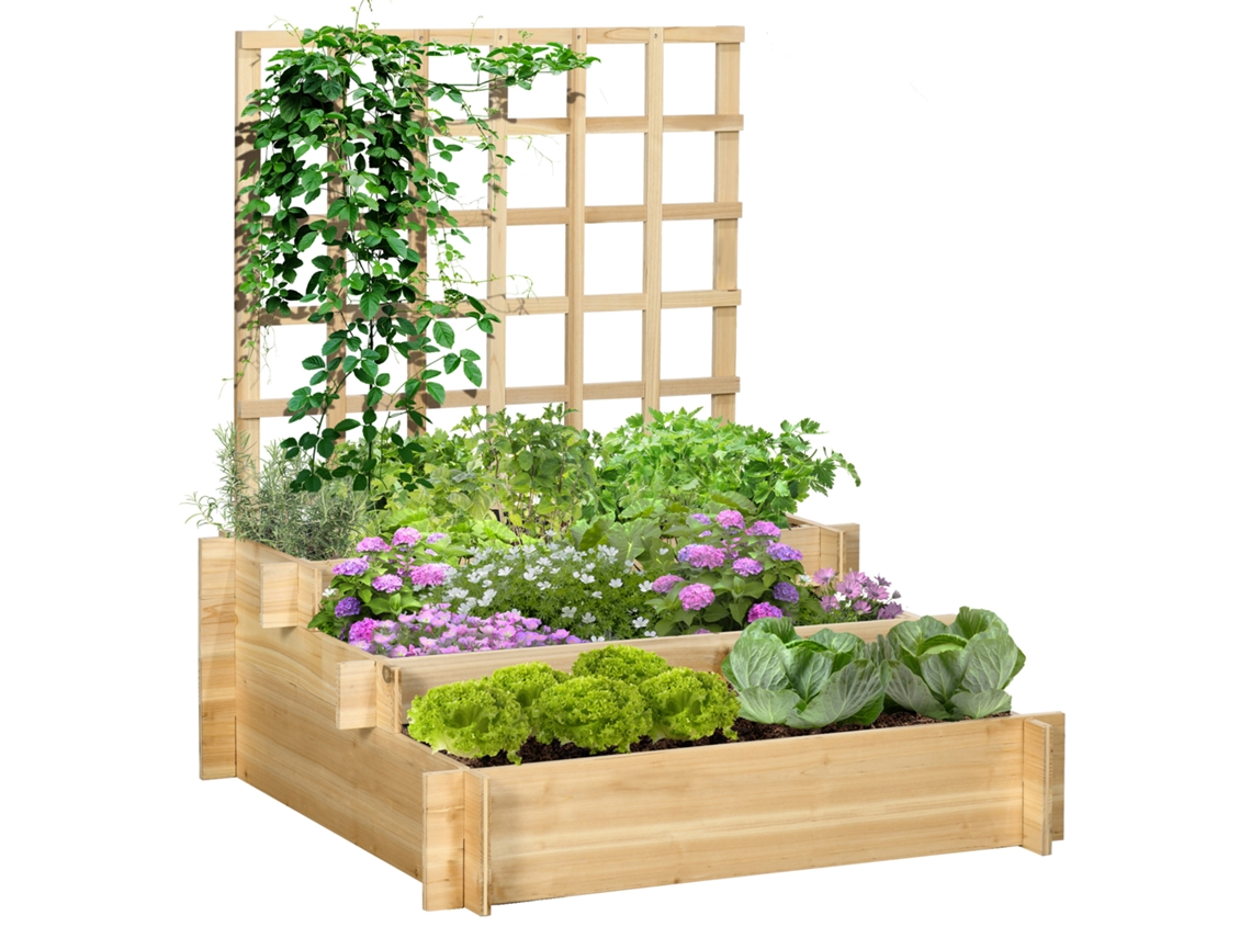 Carré Potager Jardinière 3 andares com Treliça Cama Elevada em Madeira Natural BTFORUS