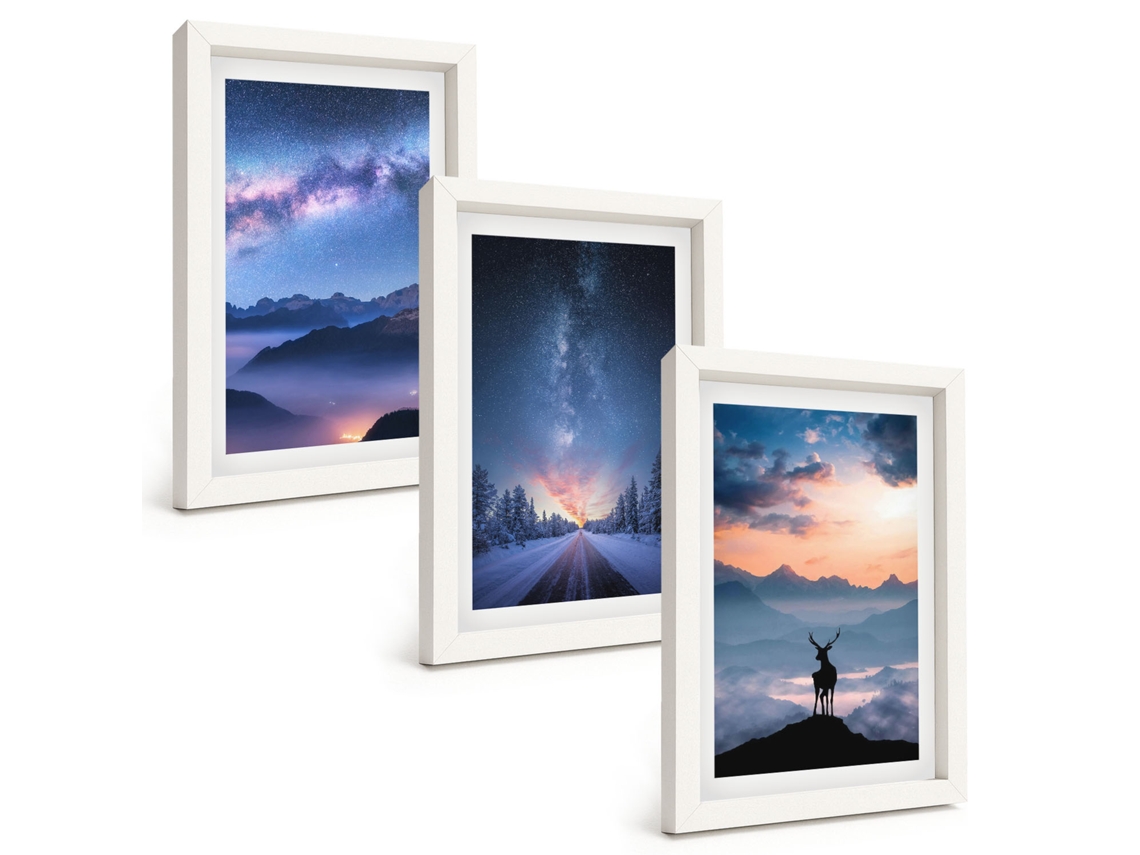 Pinturas Murais Modernas Céu Noturno, Montanhas, Neblina, Veado Moldura Branca Fotos Para O Corredor Espelharte (3 Peças 20x30 Cm)