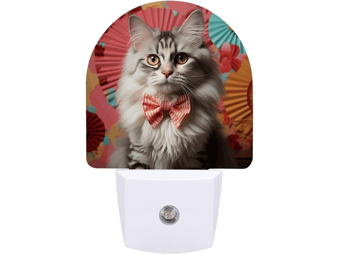Luminária de parede noturna com estampa de gato e laço, LED com sensor de movimento, luz branca suave.