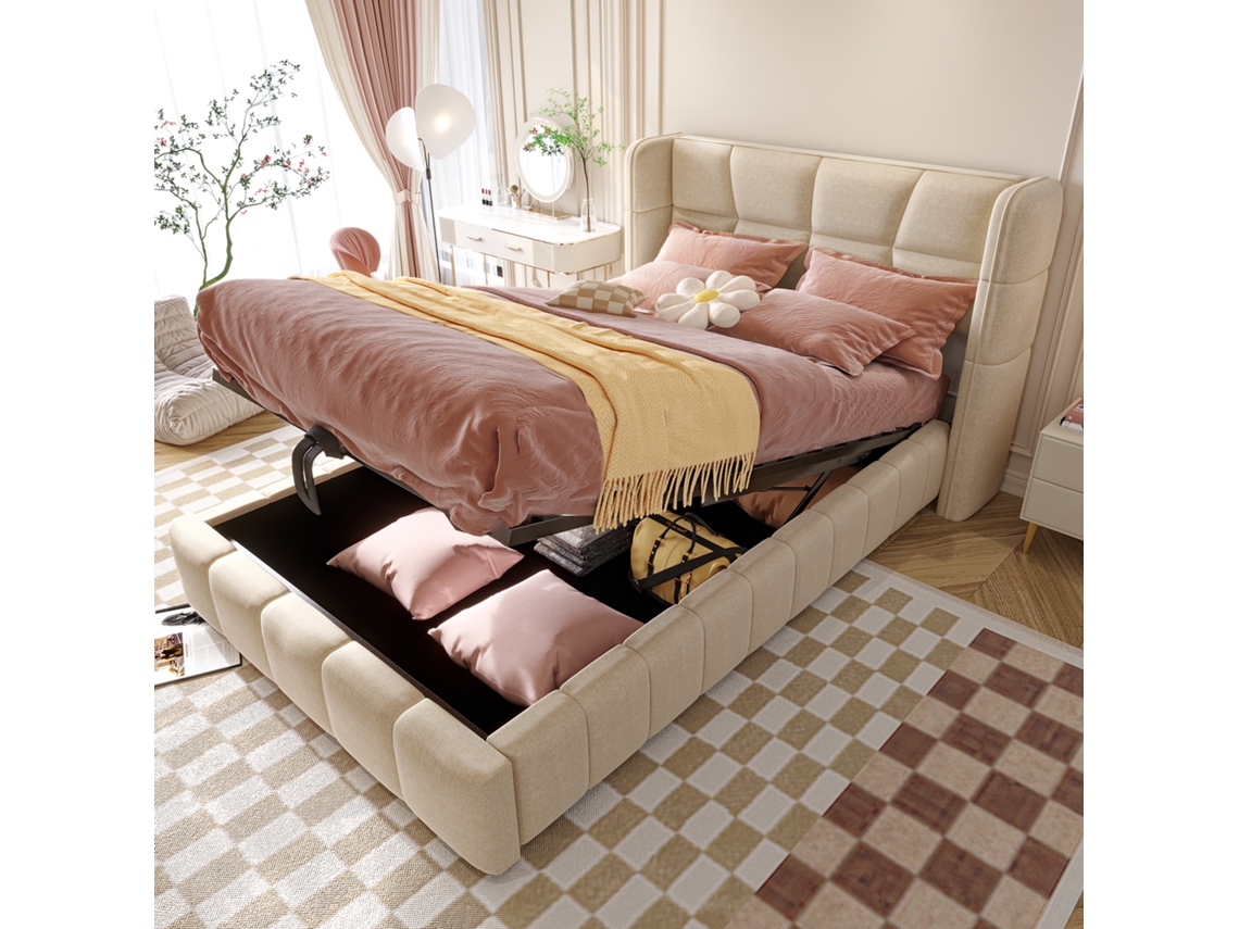 Cama Criança 90x200cm Bege Com Prateleira, Estante E Armazenamento Pneumático