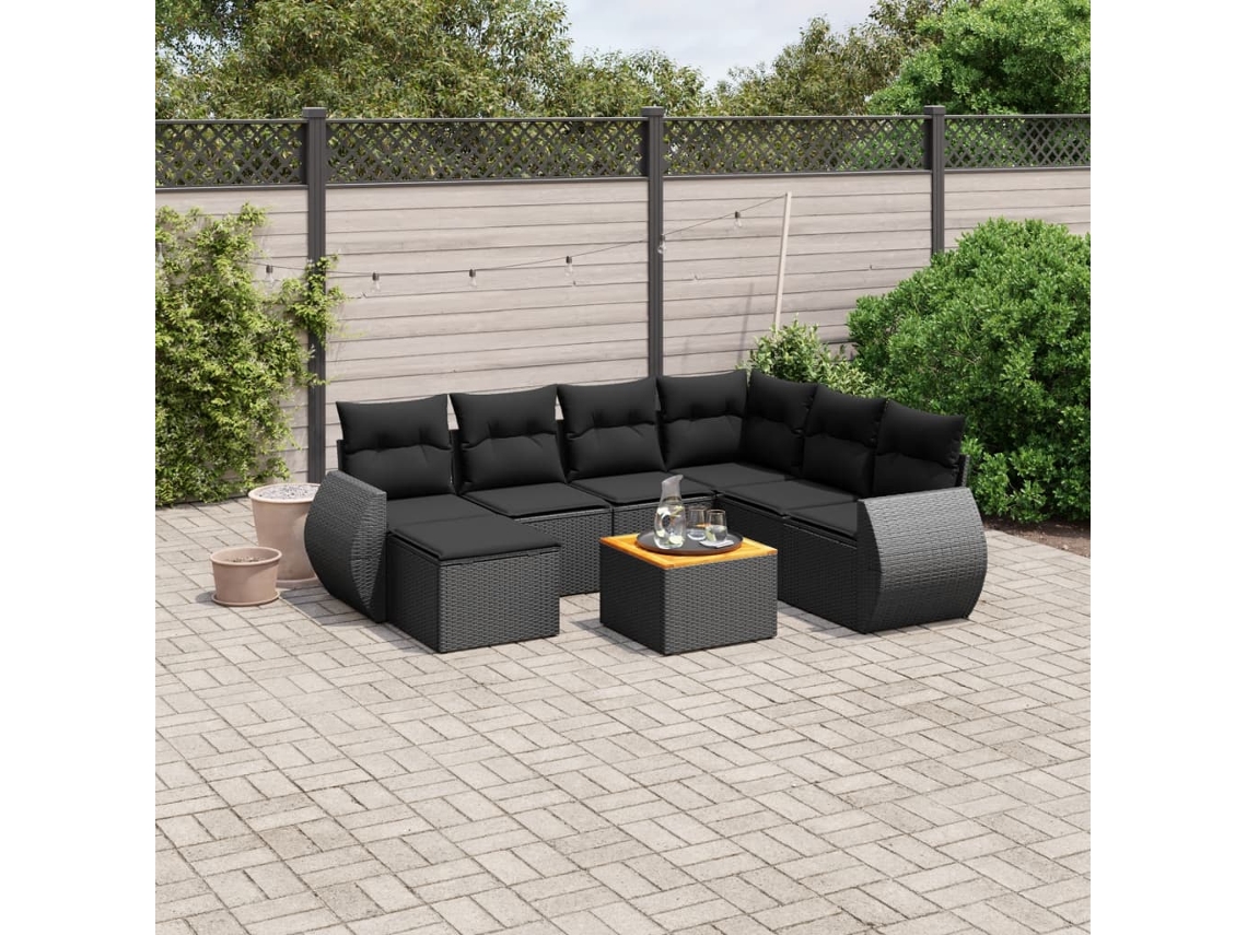 Vidaxl 8 Pcs Conjunto Sofás De Jardim Com Almofadões Vime Pe Preto