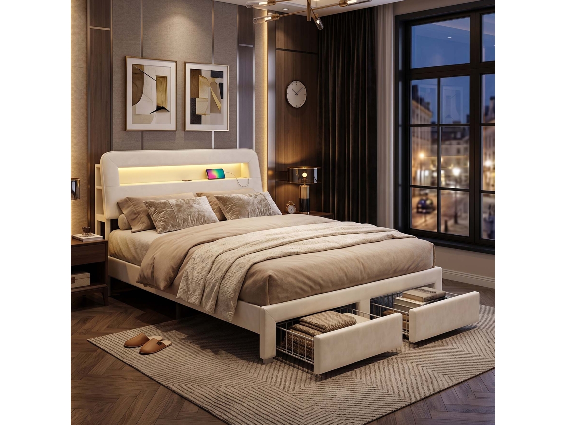 Lazyspace Cama De Casal Estofada Em Veludo 160x200 Cm Com Iluminação Led, Usb, Nichos De Arrumação E 2 Gavetas - Bege