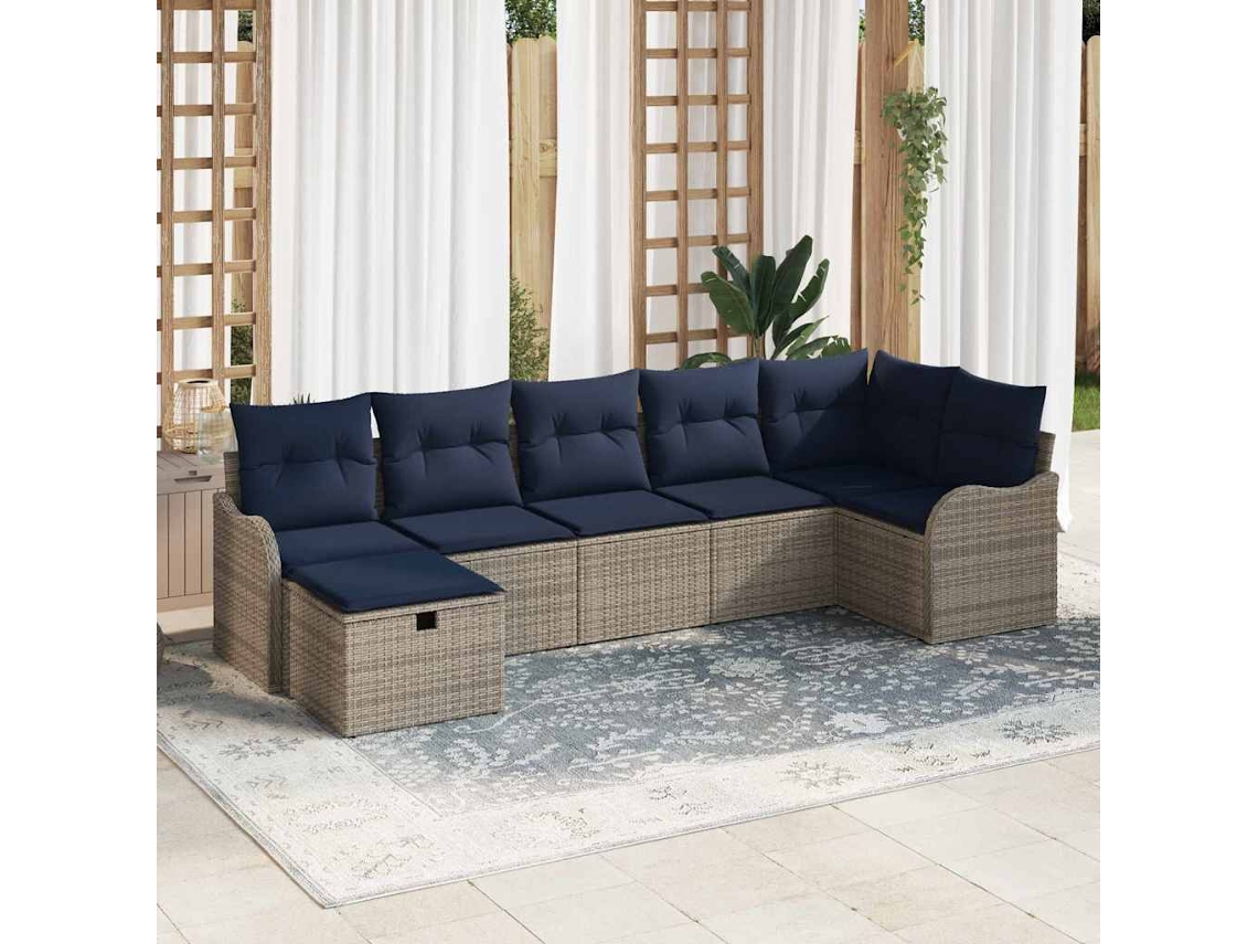 Vidaxl Conjunto De Sofás Com Almofada Cinza E Azul Marinho Vime Pe