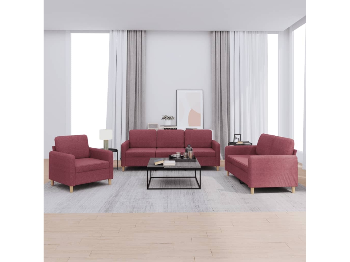 Vidaxl 3 Pcs Conjunto De Sofás Com Almofadões Tecido Vermelho Tinto