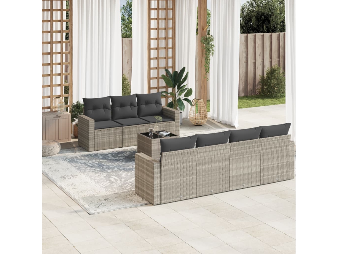 Vidaxl 8 Pcs Conj. Sofás Jardim C/ Almofadões Vime Pe Cinzento claro
